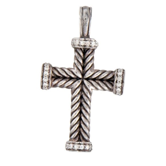 DAVID YURMAN DIAMOND 0.38CTW STERLING SILVER CHEVRON CROSS PENDANT - Picture 1 of 7